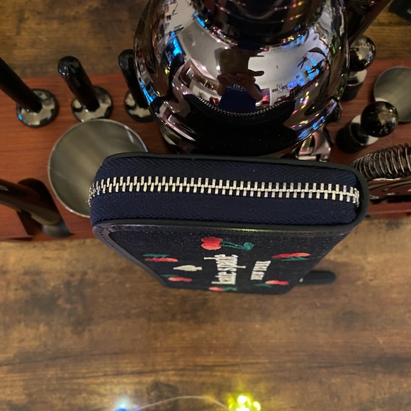 Kate Spade NWT blue multi colored embroidered denim cherry long wallet $135 - Picture 3 of 11